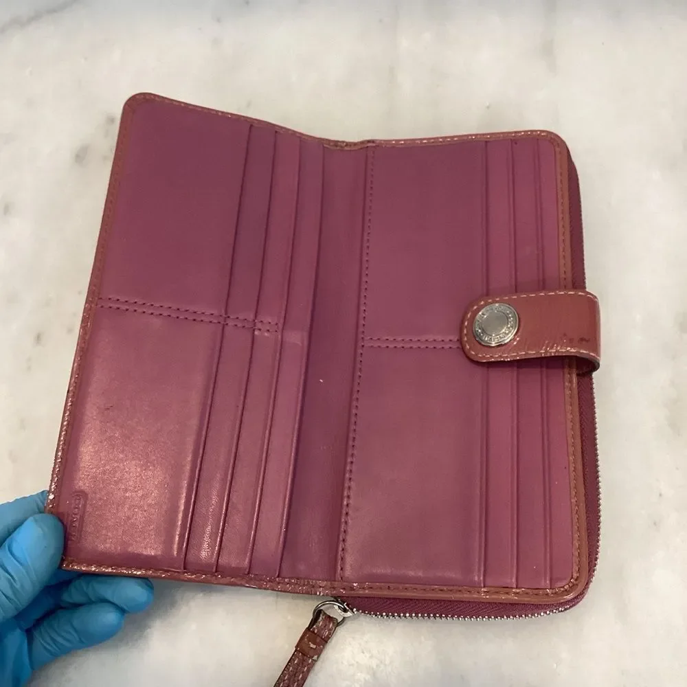 Coach Wallet Canvas Pink Tan Jacquard Signature Stripe Logo Full Sized Wallet